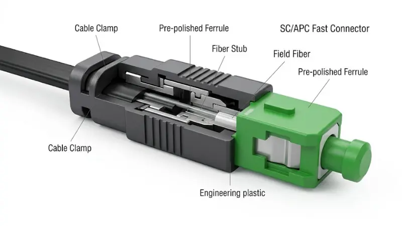 SC APC fiber optic fast connector structure with pre-polished ferrule and field fiber SC APC fiber optic fast connector structure with pre-polished ferrule and field fiber