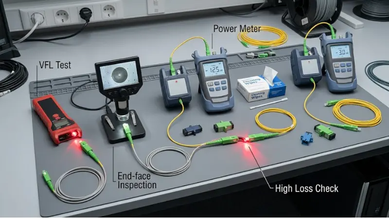 Testing and troubleshooting high insertion loss on a fiber optic fast connector Testing and troubleshooting high insertion loss on a fiber optic fast connector