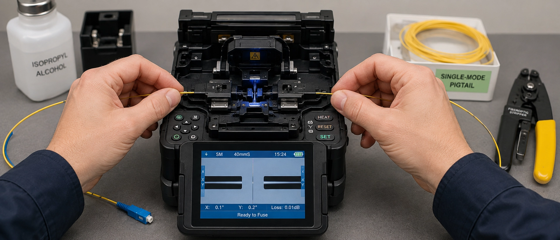 Technician aligning single-mode optical fiber in fusion splicer machine during pigtail splicing process Technician aligning single-mode optical fiber in fusion splicer machine during pigtail splicing process